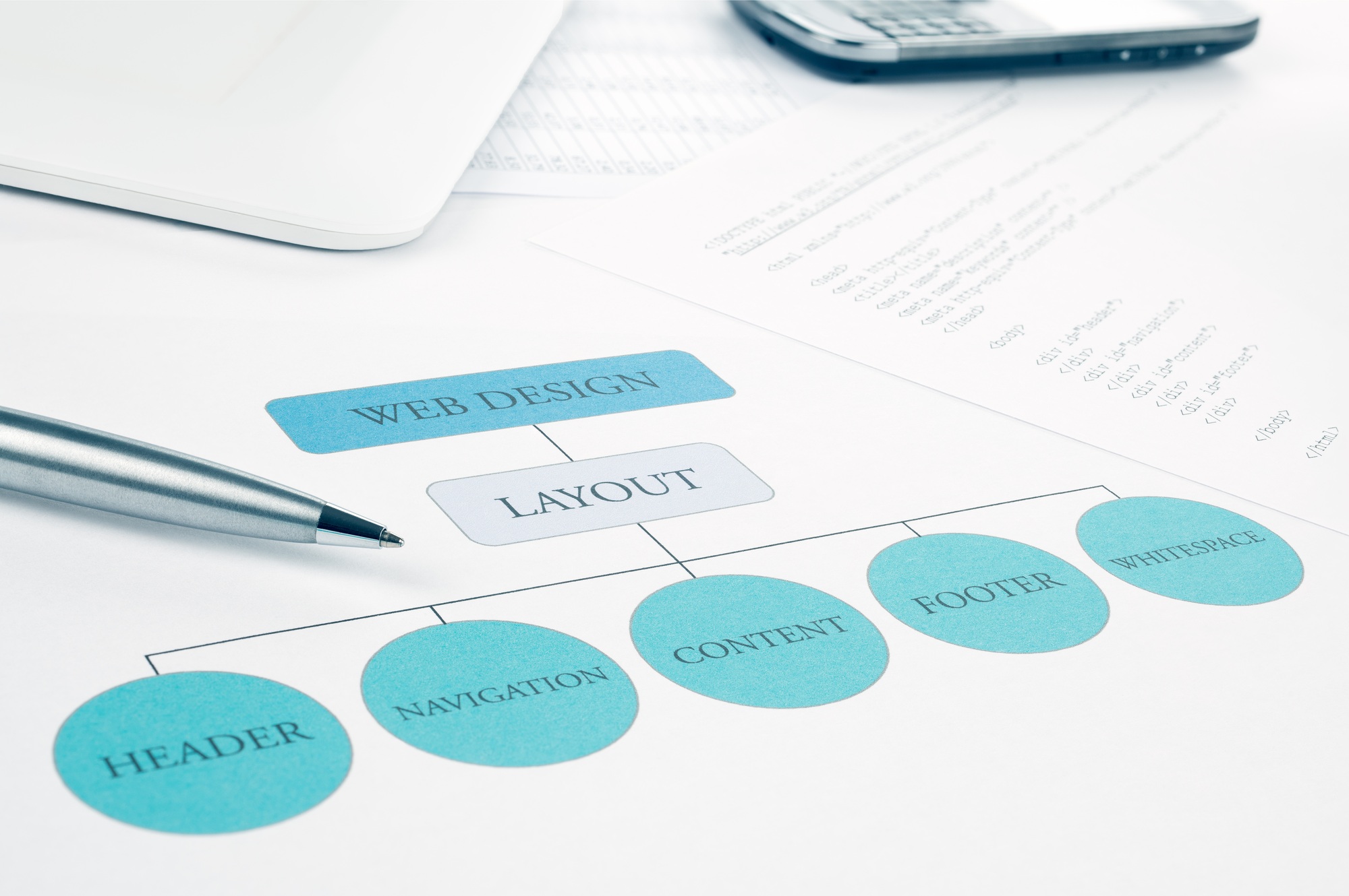 Conceptual web design layout building plan. Pen and smartphone.Toned